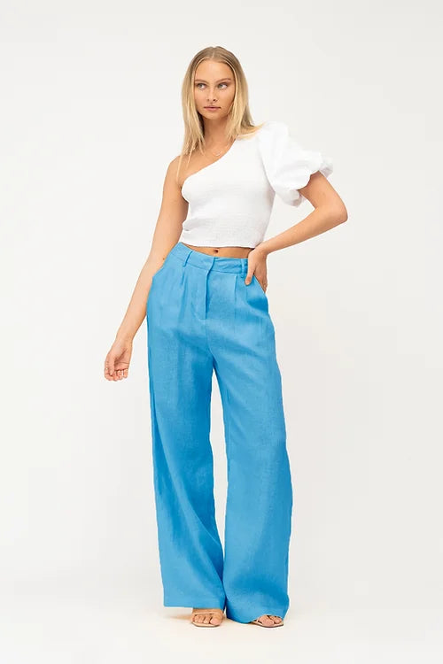 Savannah Linen Trouser Pants - Blue