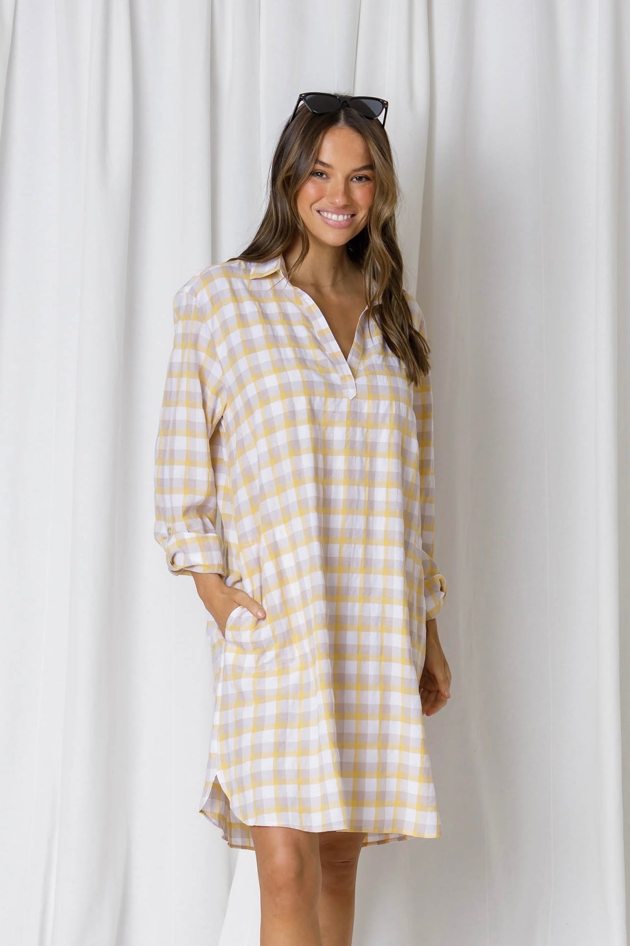 Lane Pocketed Check Cotton Shirt Dress - Yellow